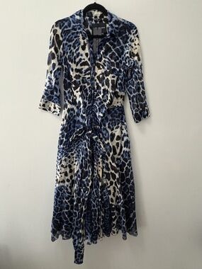 Samantha Sung Olivia Midi Shirt Dress 3/4 Sleeve Colombo Leopard Blue 100 Cotton